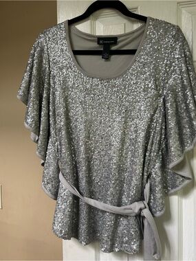 INC International Concepts Silver Sequin Tie-Waist Flutter Sleeve Top